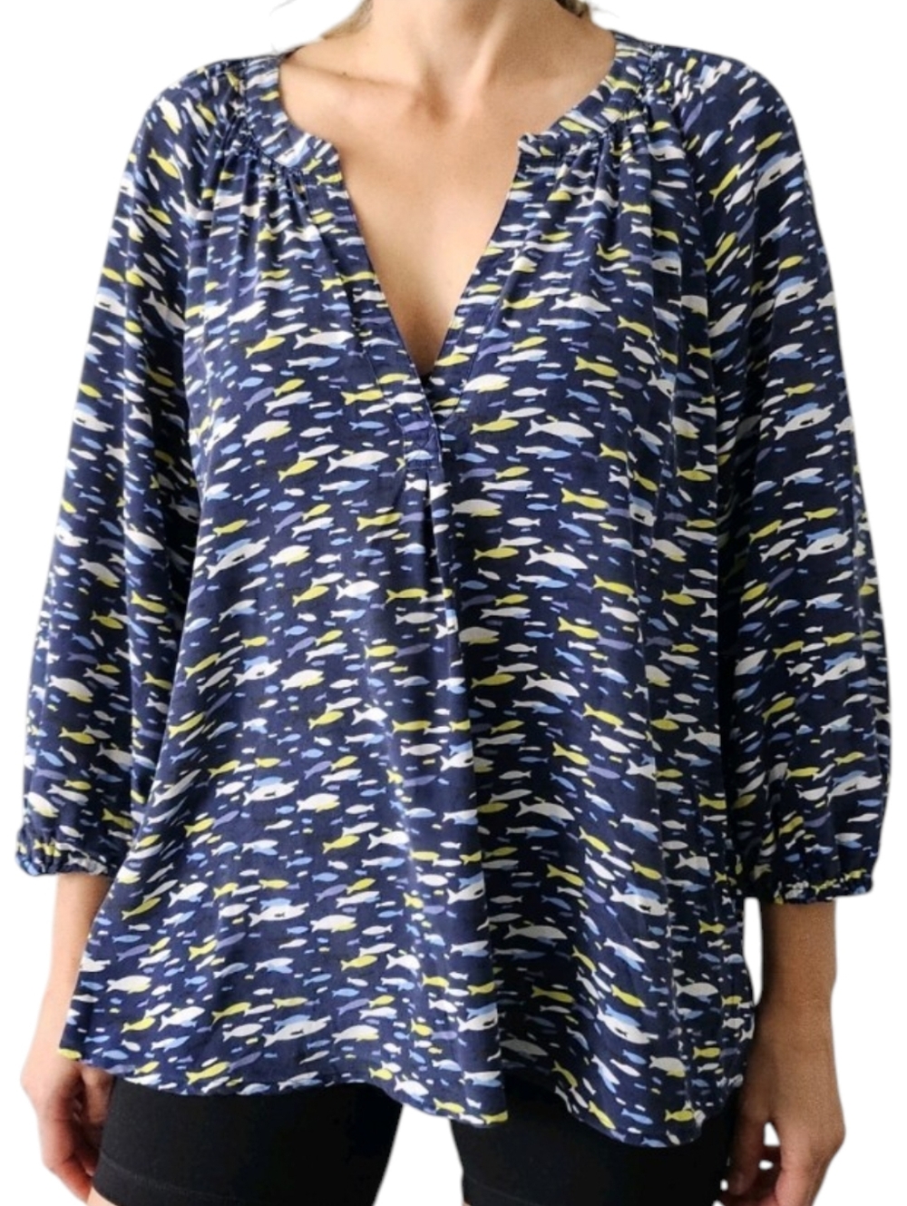 JOIE Kaira Fish Print 100% Silk Blouse Top Blue XXS
